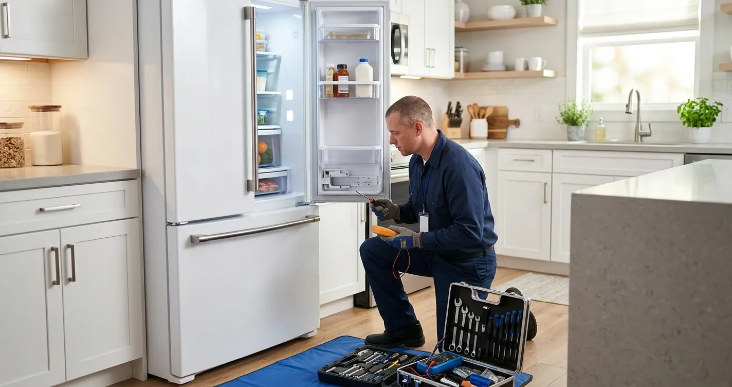 Técnico revisando un refrigerador con señales de falla en cocina moderna