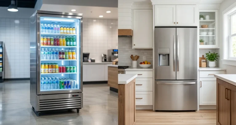 Comparación refrigerador comercial vs doméstico lado a lado mostrando diferencias de tamaño y diseño