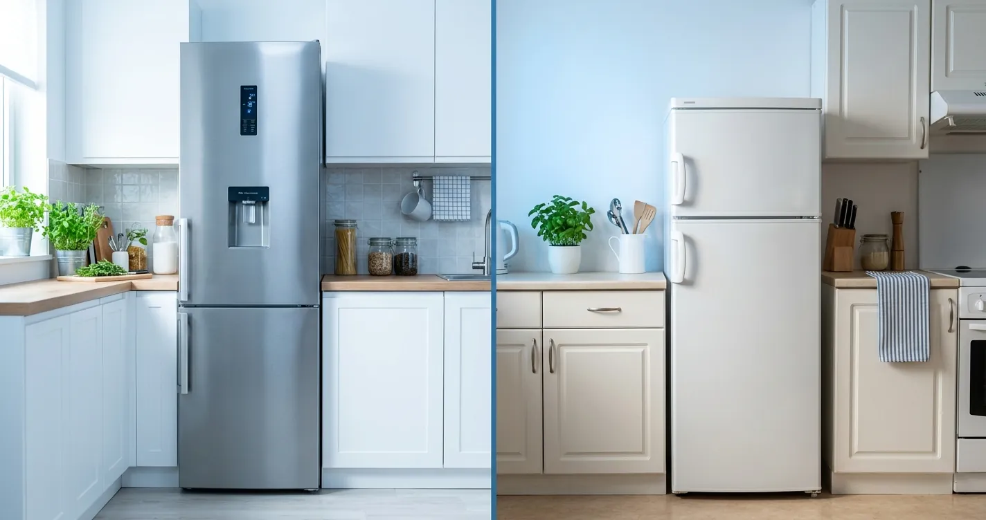 Comparación refrigerador automático vs semiautomático lado a lado mostrando diferencia de tecnología y diseño 2026