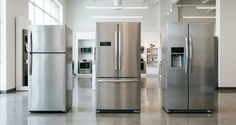 Tres modelos de refrigerador en showroom para elegir qué refrigerador comprar en México 2026