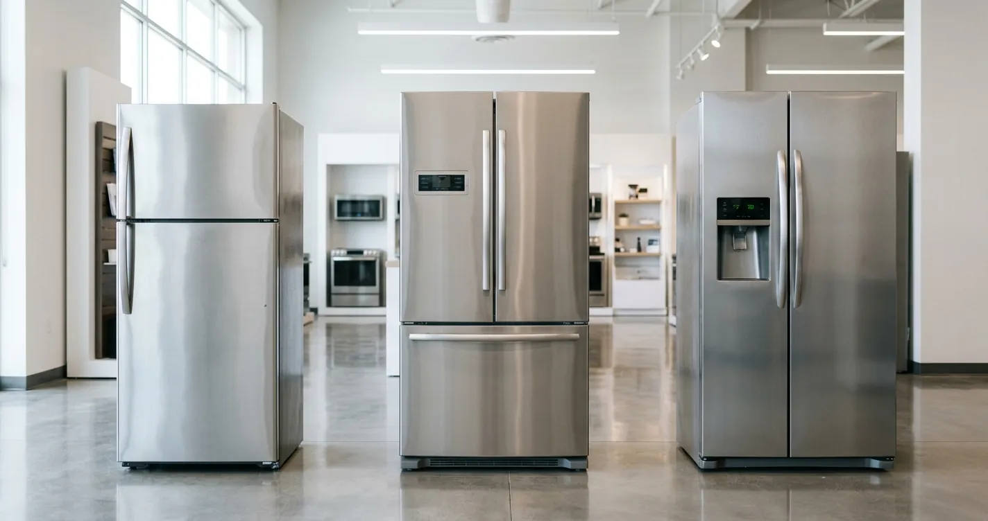 Tres modelos de refrigerador en showroom para elegir qué refrigerador comprar en México 2026