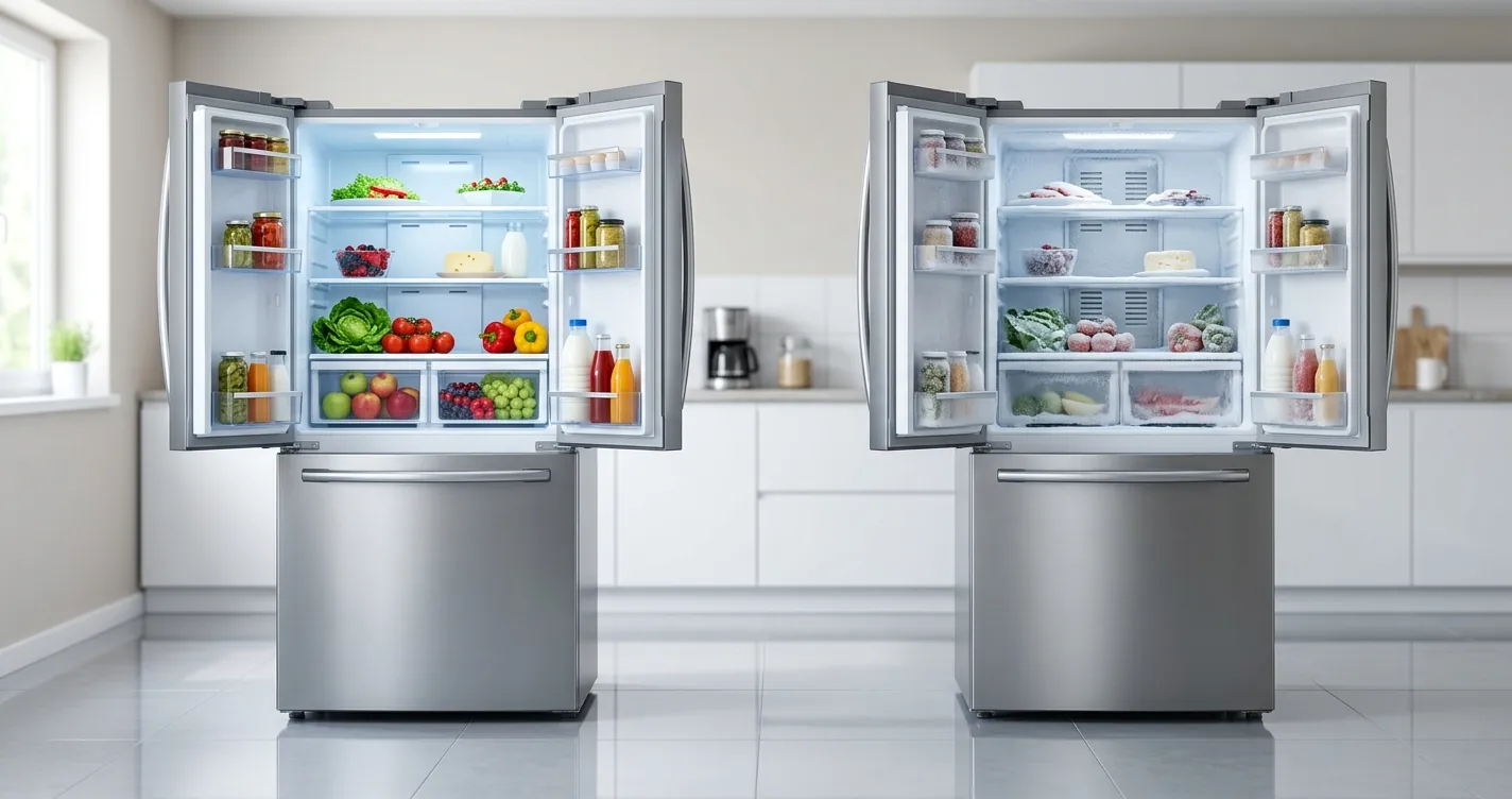 Comparación visual entre refrigerador No Frost y Frost convencional mostrando diferencia de escarcha