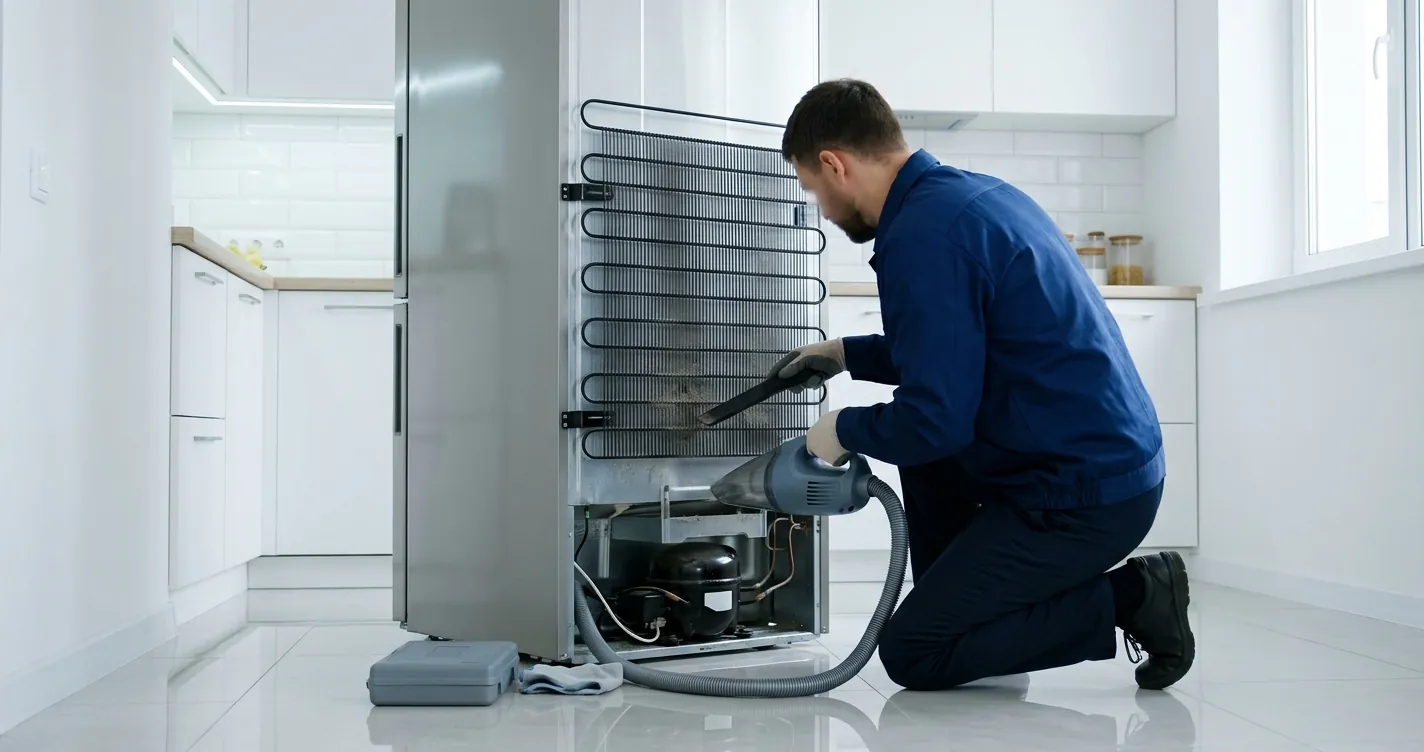 Mantenimiento preventivo de refrigerador: técnico limpiando el condensador para reducir el costo del servicio
