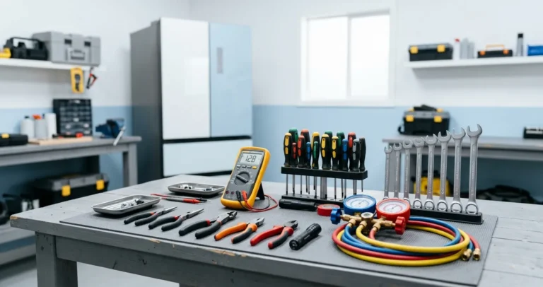 Herramientas para reparar un refrigerador: multímetro, destornilladores y llaves sobre mesa de trabajo