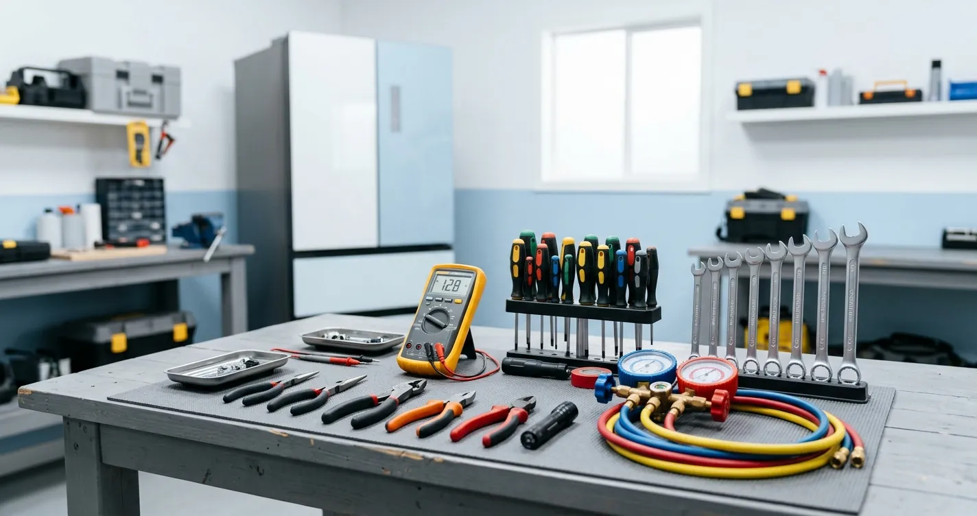 Herramientas para reparar un refrigerador: multímetro, destornilladores y llaves sobre mesa de trabajo