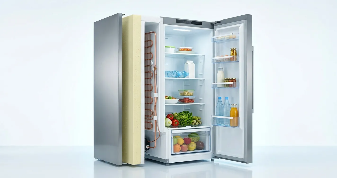 Materiales de un refrigerador: vista interna de acero, plástico ABS, vidrio templado y tubería de cobre