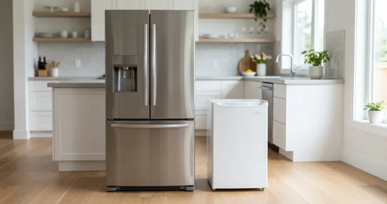Diferencia entre refrigerador y frigobar: comparativa de tamaño entre refrigerador de dos puertas y frigobar compacto en cocina moderna