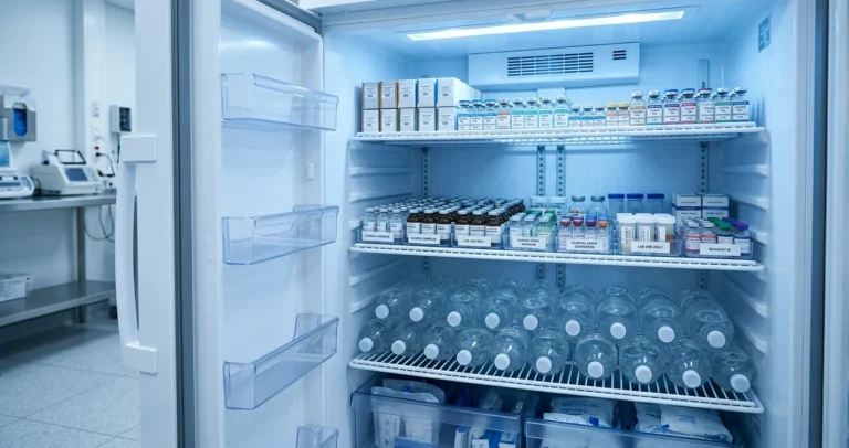 Orden de las vacunas en el refrigerador por estante con botellas de agua como masa térmica