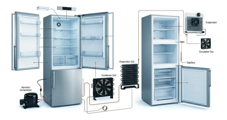 Lista de partes de un refrigerador con sus componentes principales identificados y explicados