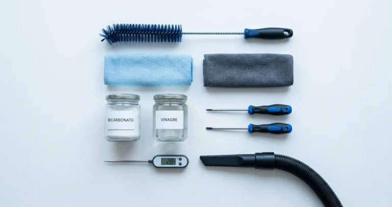 Kit de mantenimiento preventivo para refrigerador con productos y herramientas básicas organizadas