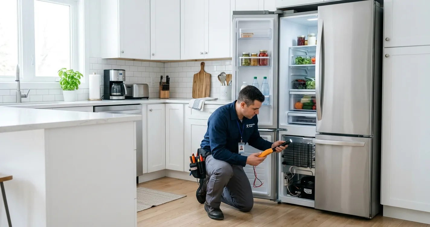 Garantía de refrigeradores en México - técnico revisa refrigerador moderno en cocina