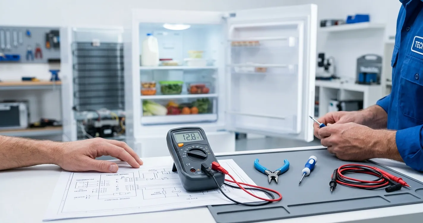 Diagrama eléctrico de un refrigerador sobre mesa de trabajo con multímetro y herramientas de técnico