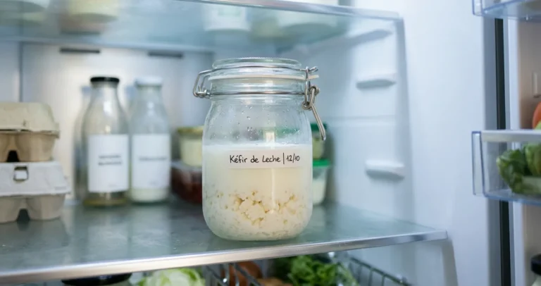 Frasco de vidrio con búlgaros de leche sumergidos en leche dentro del refrigerador para conservación