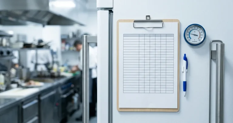 Hoja de control de temperatura de refrigerador en portapapeles junto a termómetro y refrigerador moderno