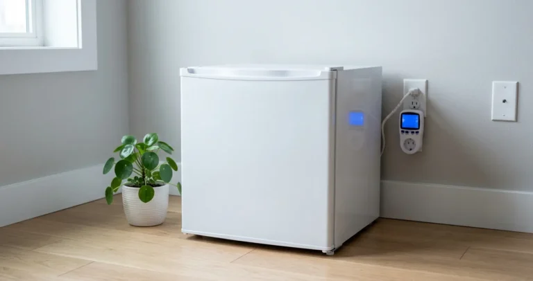 Mini refrigerador conectado a medidor de consumo eléctrico para calcular cuánto consume de electricidad al mes