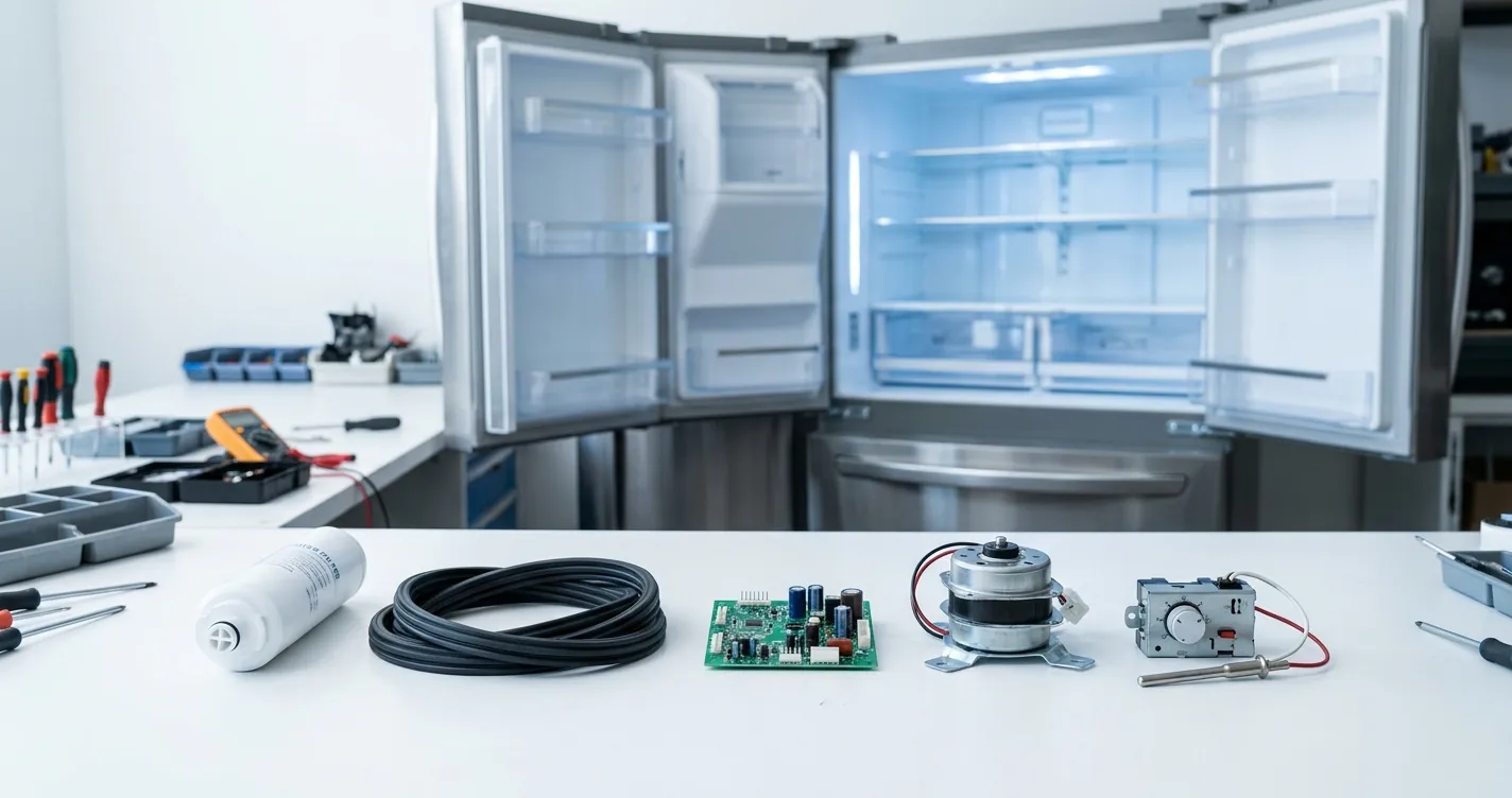Repuestos de refrigerador Samsung organizados sobre mesa de taller: filtro de agua, empaque de puerta, tarjeta electrónica y motor de ventilador