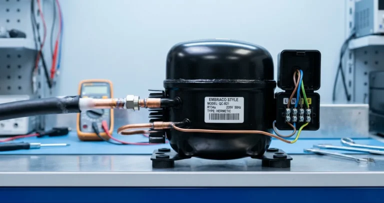 Partes de compresor de refrigerador hermético doméstico con tubos de cobre y caja de conexiones eléctricas