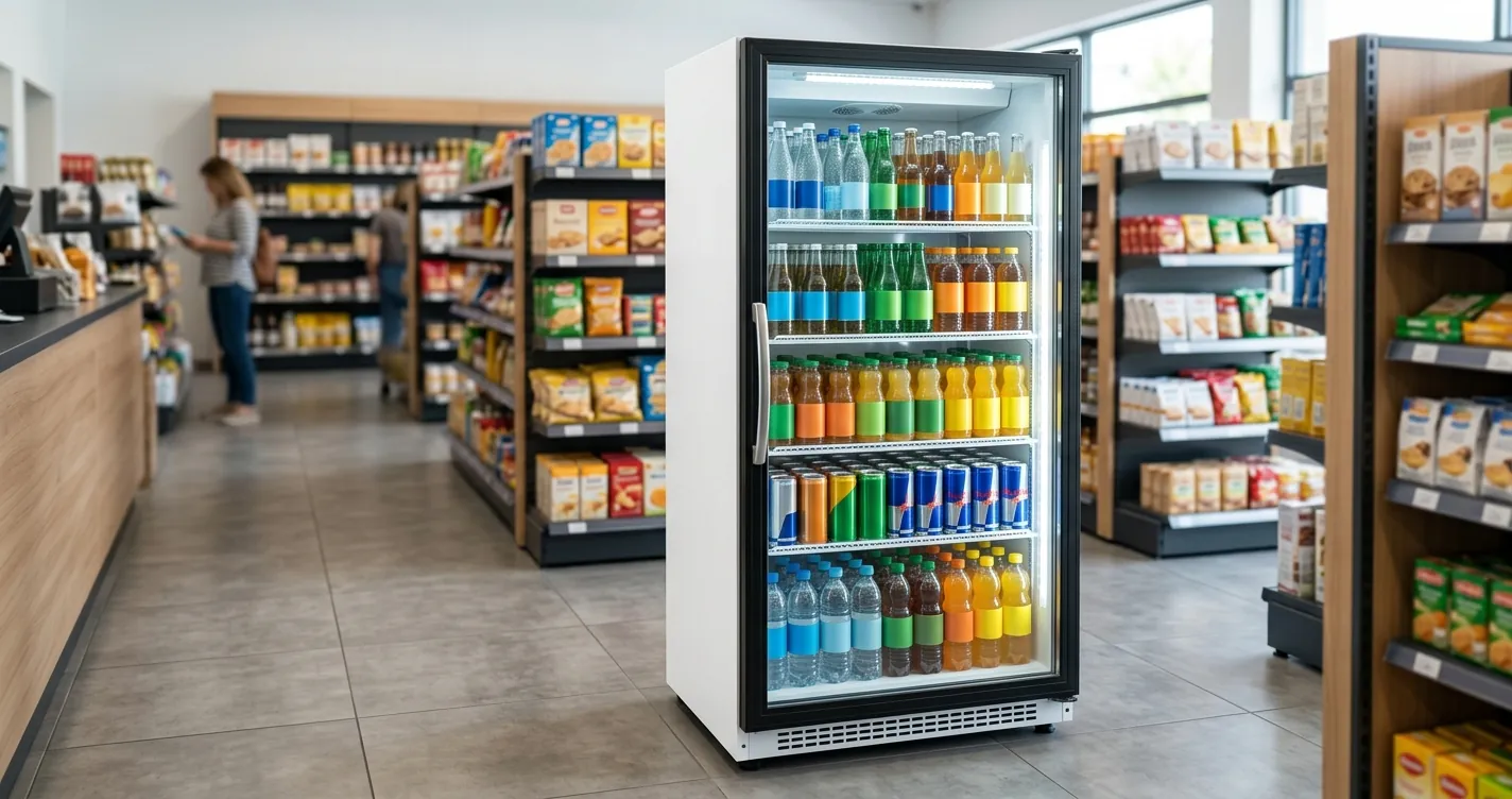 Refrigerador para negocio pequeño tipo vitrina vertical de puerta de cristal exhibiendo producto en tienda