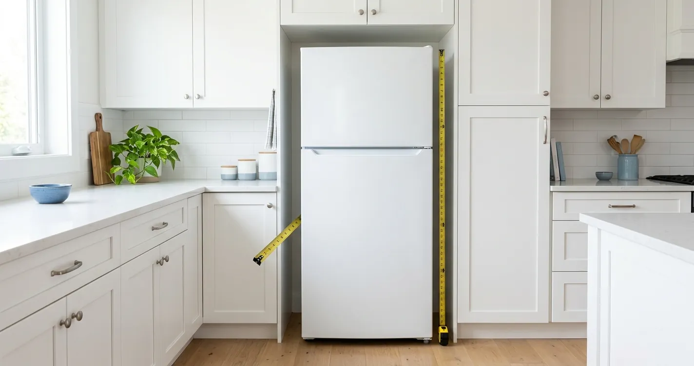 Medidas de un refrigerador de 14 pies en cocina moderna mostrando alto ancho y fondo