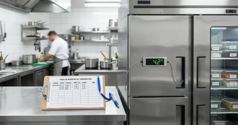 Bitácora de temperatura de refrigerador junto a equipo de refrigeración comercial en cocina
