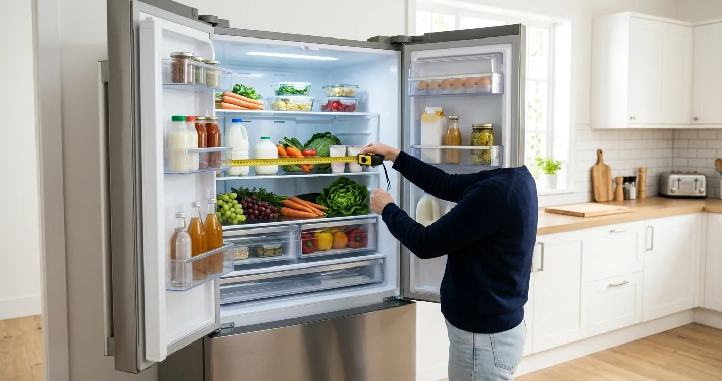Cinta métrica midiendo el interior de un refrigerador - cómo medir los pies cúbicos de un refrigerador
