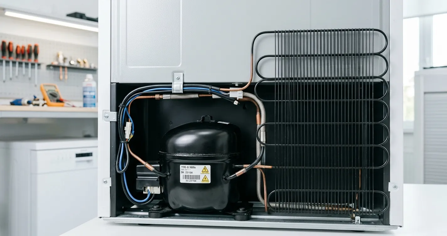 Cómo funciona un compresor de refrigerador - compresor y serpentín en la parte trasera del equipo