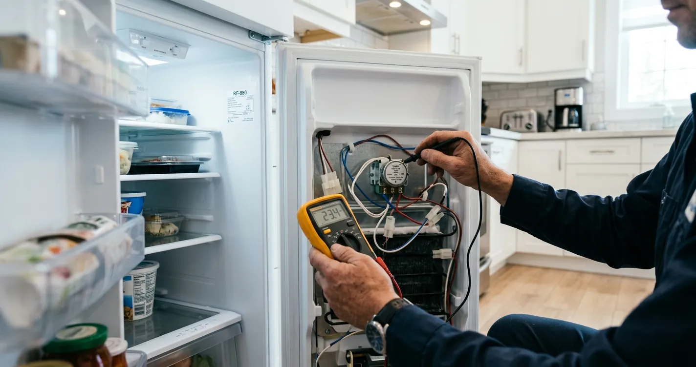 Técnico midiendo con multímetro los problemas del timer de un refrigerador