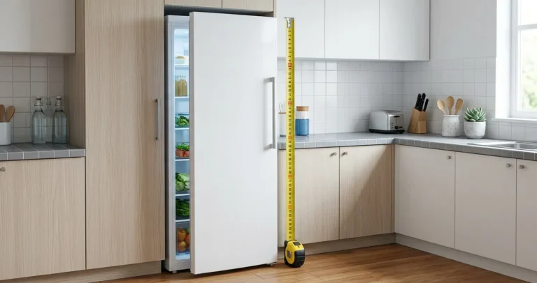 Medidas de refrigerador de 1 puerta en cocina compacta con cinta métrica