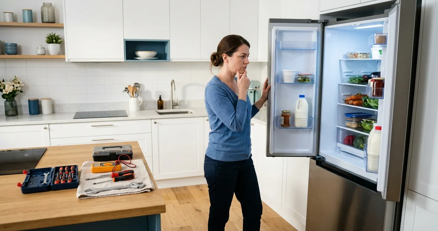 Decisión de reparar o comprar un refrigerador nuevo en una cocina moderna