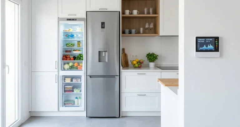 Consumo de refrigerador en watts - refrigerador moderno y medidor de energía en cocina