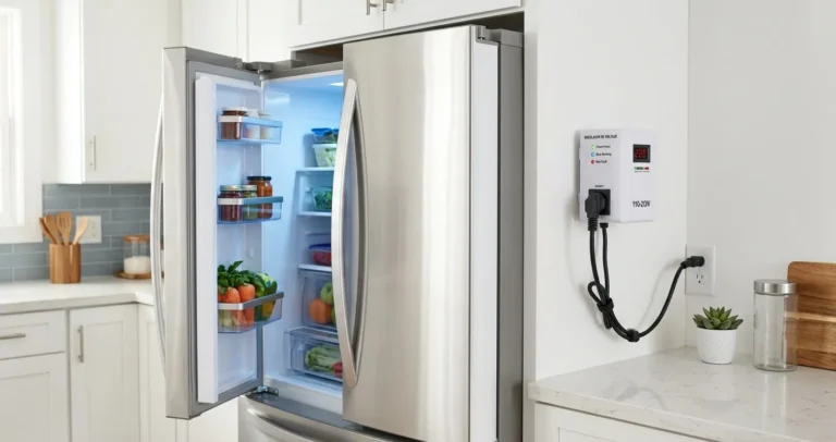 Cómo elegir un regulador de voltaje para refrigerador - regulador conectado junto a refrigerador moderno en cocina