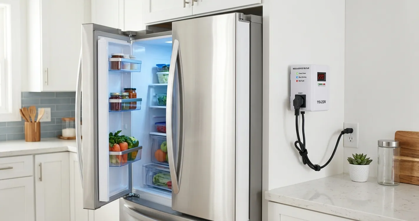 Cómo elegir un regulador de voltaje para refrigerador - regulador conectado junto a refrigerador moderno en cocina