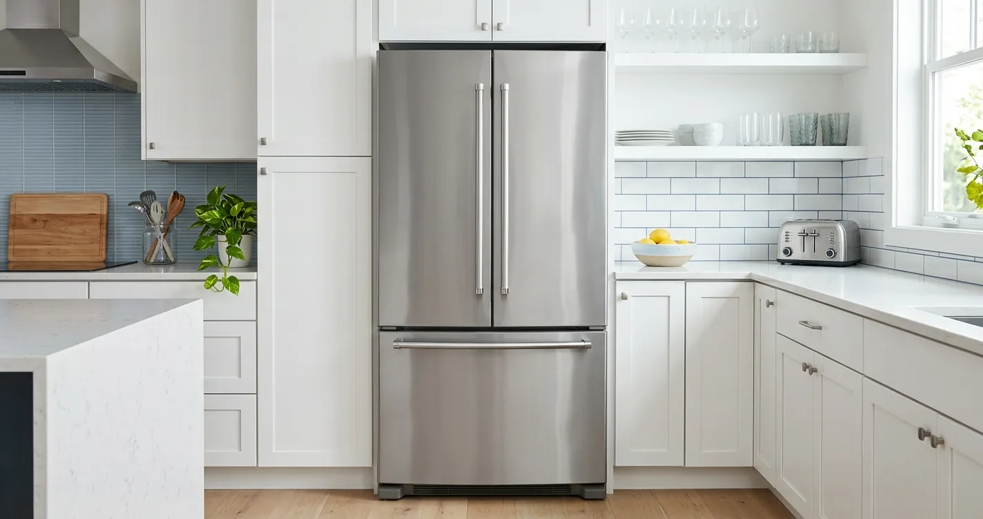 Descripción de un refrigerador moderno de dos puertas en cocina - partes y función