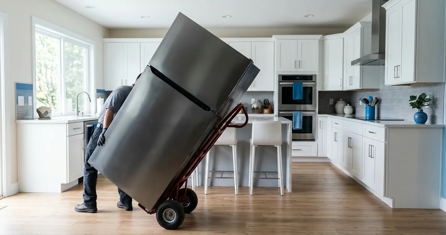Peso de un refrigerador - traslado seguro de refrigerador moderno con diablito de carga