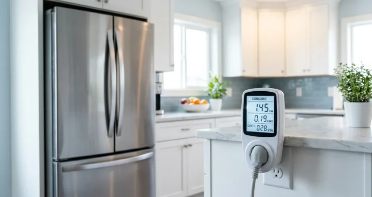 Potencia en watts de un refrigerador - medición con medidor de consumo eléctrico en cocina moderna