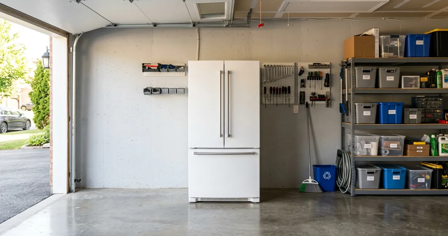 Refrigerador para garaje instalado contra la pared de un garaje doméstico con buena ventilación