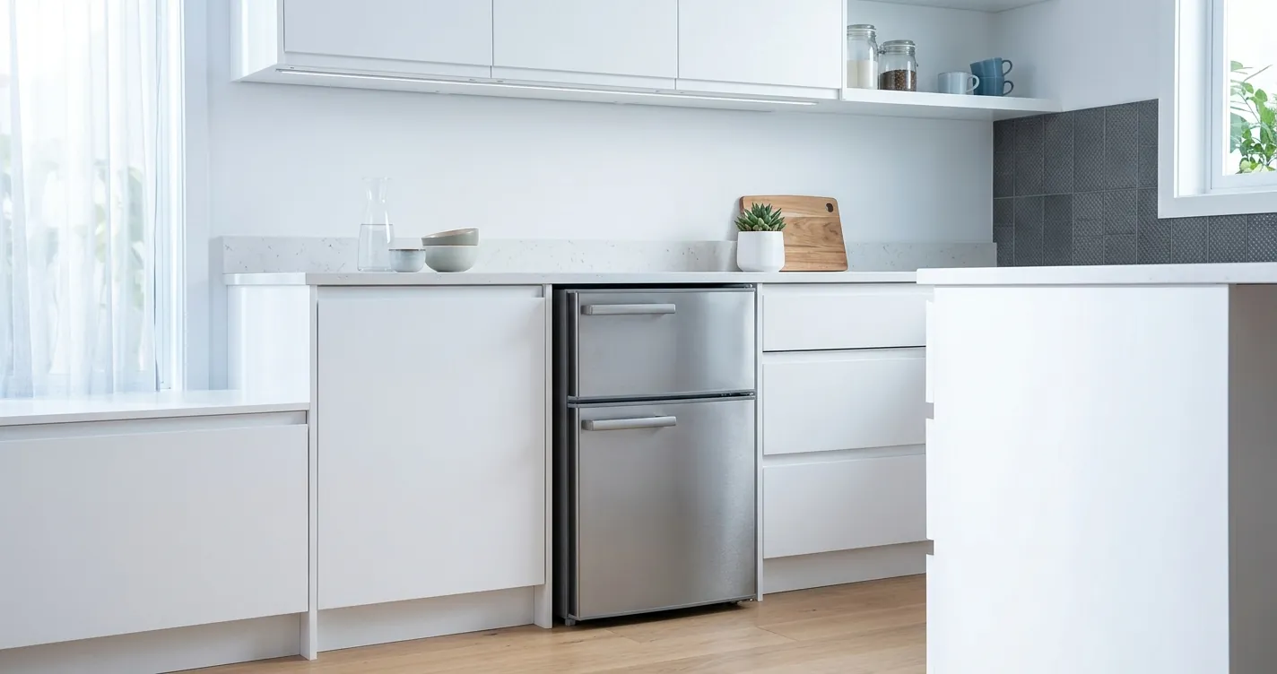 Medidas de un refrigerador de 9 pies: refrigerador compacto de dos puertas instalado en una cocina moderna