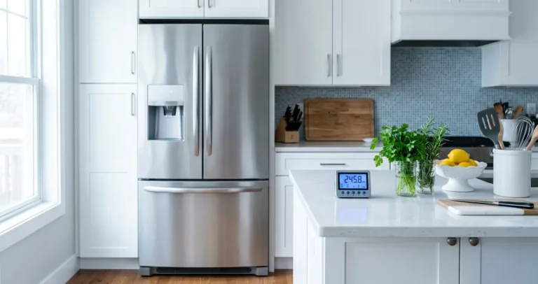 Refrigerador LG en cocina moderna junto a medidor de consumo - cuántos watts consume un refrigerador LG