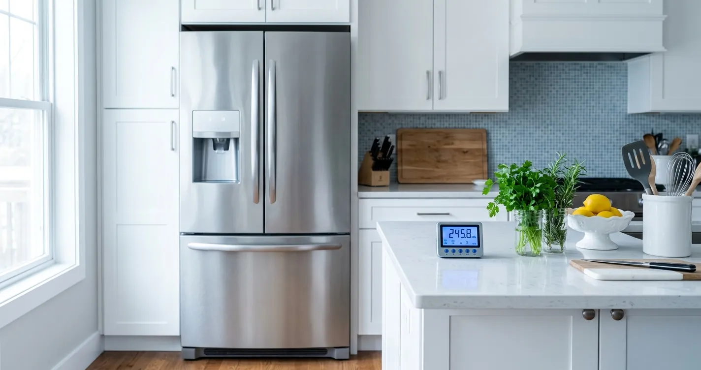 Refrigerador LG en cocina moderna junto a medidor de consumo - cuántos watts consume un refrigerador LG