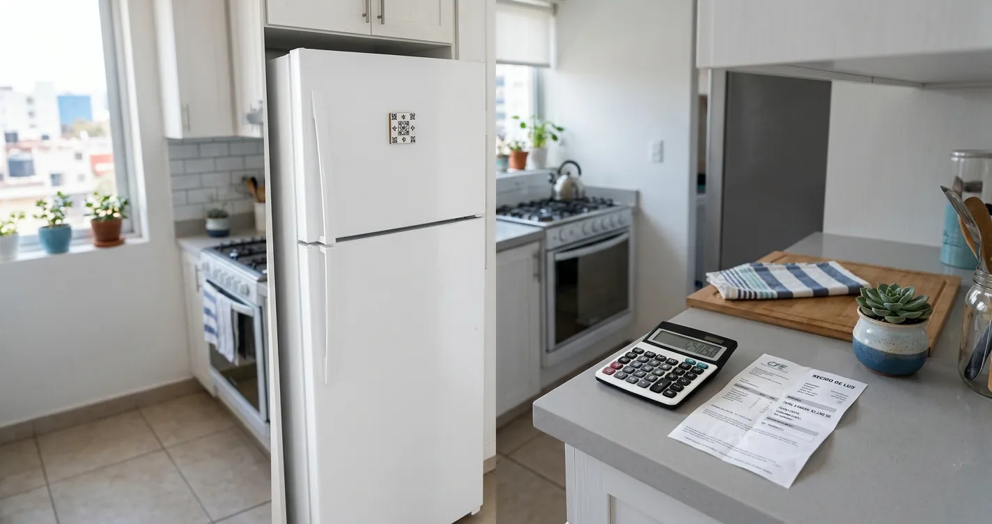 Cuánto cuesta de luz un refrigerador al mes con tarifa CFE: refrigerador moderno junto a calculadora y recibo de electricidad