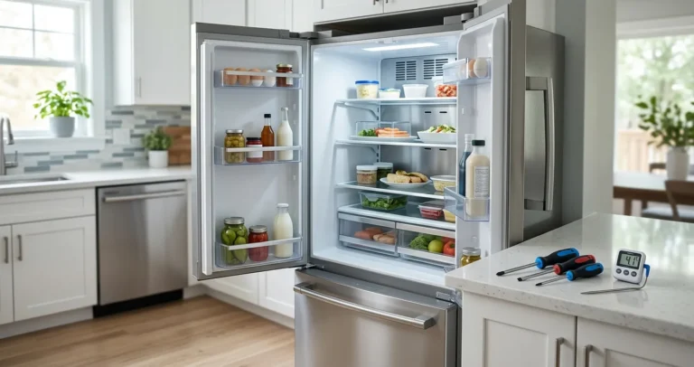 Cómo arreglar un refrigerador Whirlpool que no enfría: refrigerador abierto con herramientas de diagnóstico y termómetro