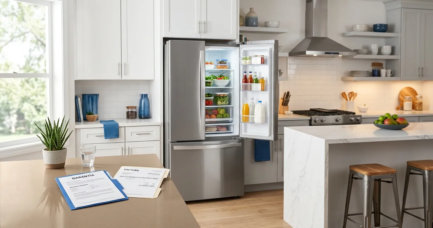 Garantía de refrigerador Samsung en México: refrigerador moderno junto a documentos de póliza y factura de compra