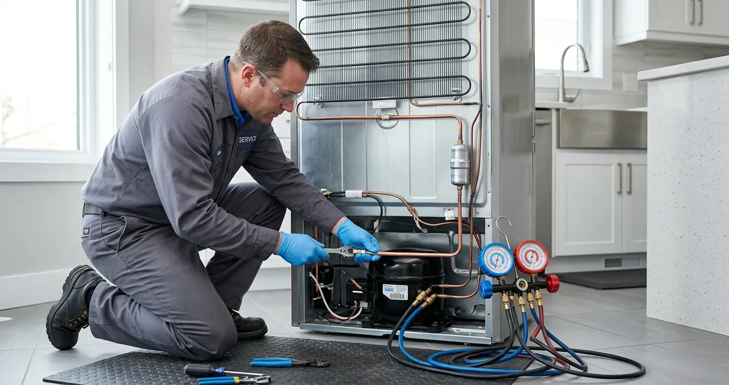 Cómo reparar una fuga de gas en el refrigerador: técnico revisando tubería de cobre y compresor con manómetros