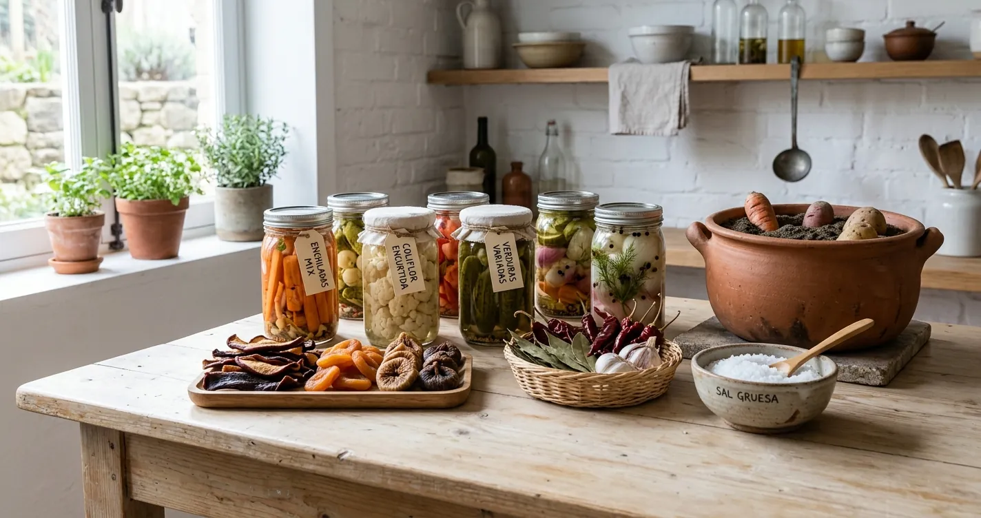 Cómo conservar alimentos sin refrigerador: frascos con encurtidos, fruta deshidratada, sal gruesa y olla de barro sobre mesa de madera
