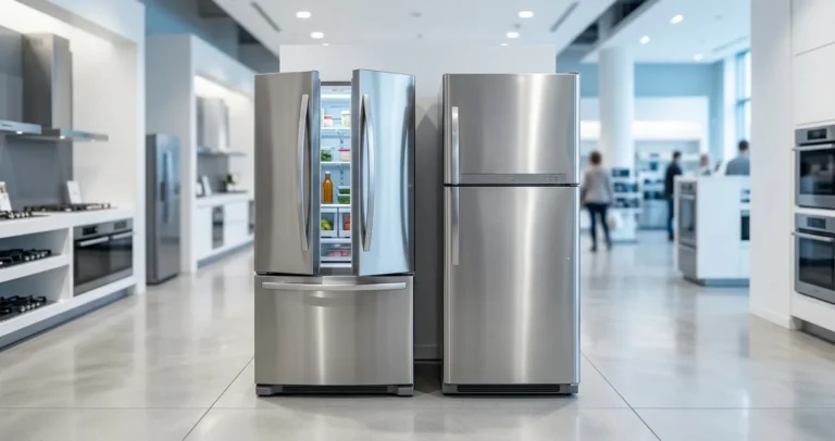 Comparativa de refrigerador Samsung vs Whirlpool: dos refrigeradores modernos colocados lado a lado para comparar tamano y diseno