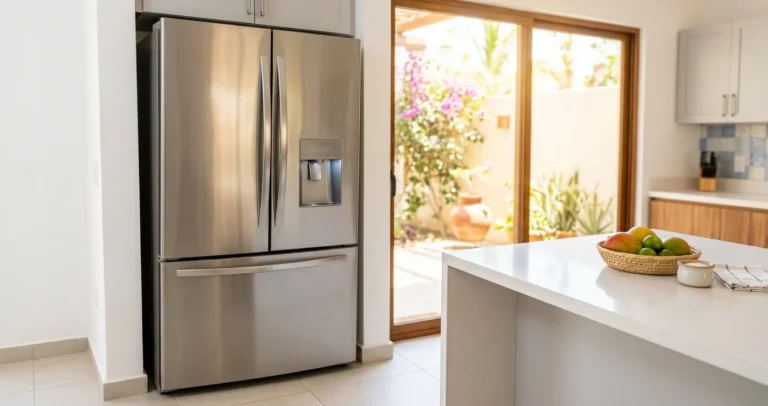 Mejores refrigeradores para clima caliente en México: refrigerador moderno instalado con ventilación adecuada en una cocina calurosa
