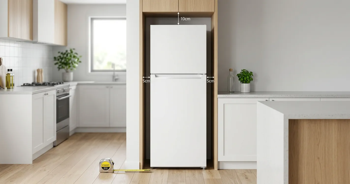 Medidas de un refrigerador de 12 pies: refrigerador de dos puertas instalado en cocina con espacio de ventilación a los lados
