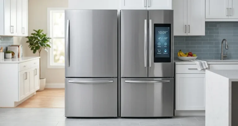 Comparación de refrigerador inteligente vs normal lado a lado en una cocina moderna