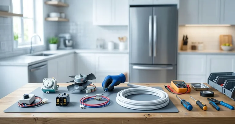 Repuestos de refrigerador Mabe: termostato, timer de deshielo, motor ventilador y empaque de puerta sobre mesa de trabajo