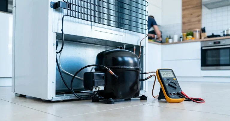 Motor de refrigerador dentro del compresor hermético en la parte trasera del equipo junto al condensador